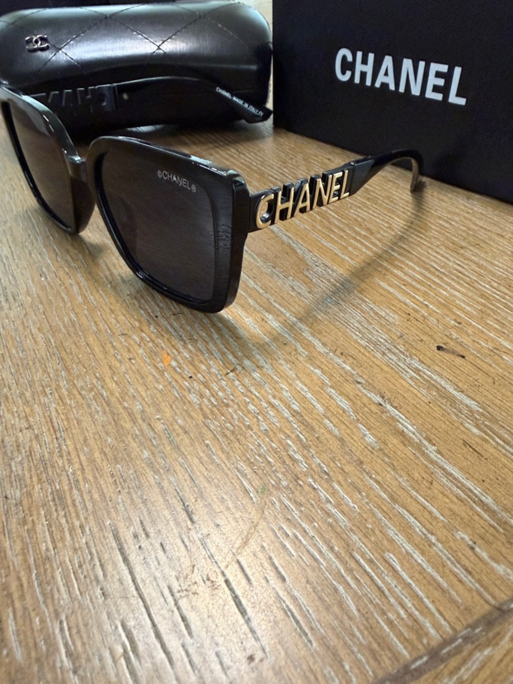 CHANEL Black and Gold Square Sunglasses - Designer Women's Eyewear - Picture 6 of 10